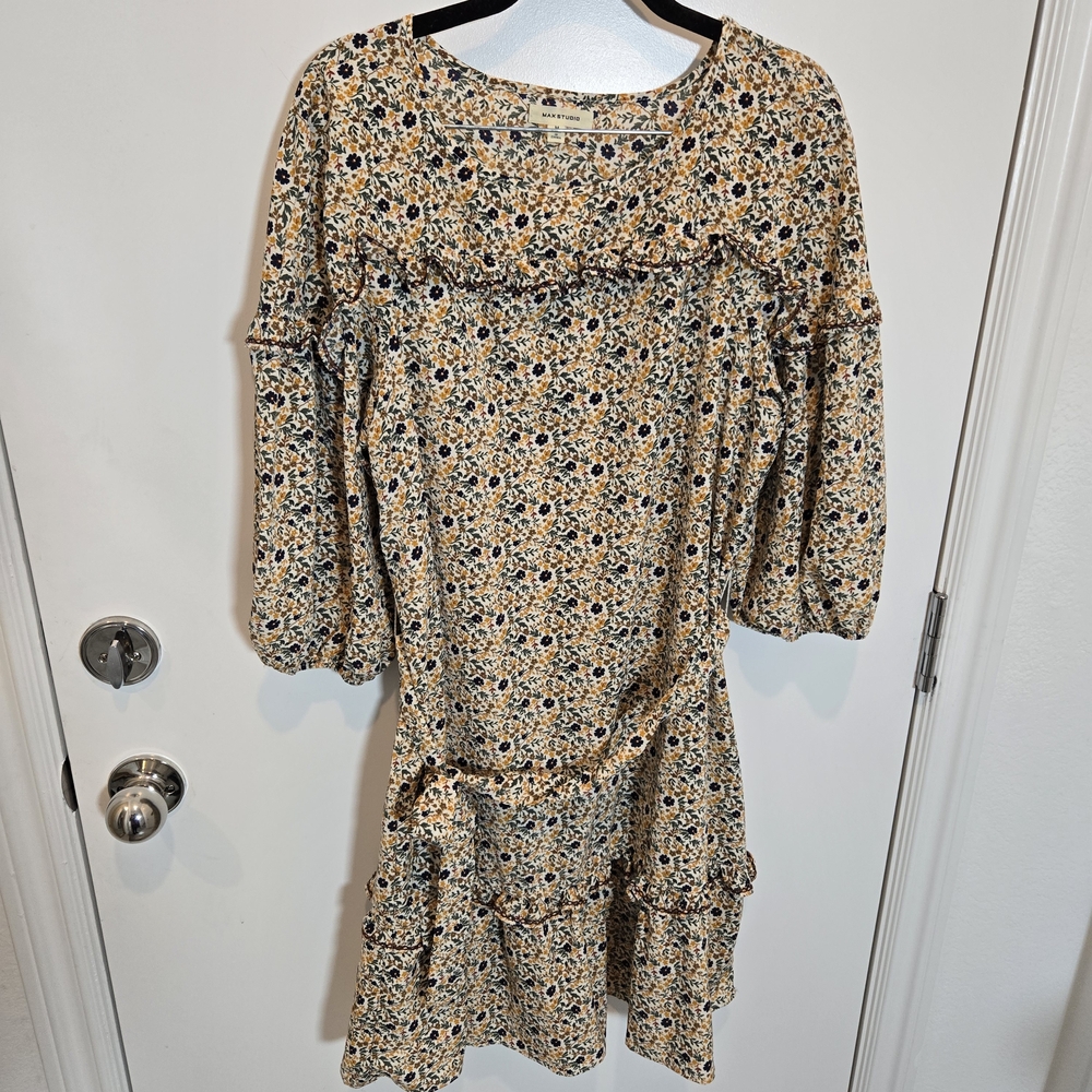 Max Studio Floral Ruffle Hem Dress with Puff Sleeves and Self Belt